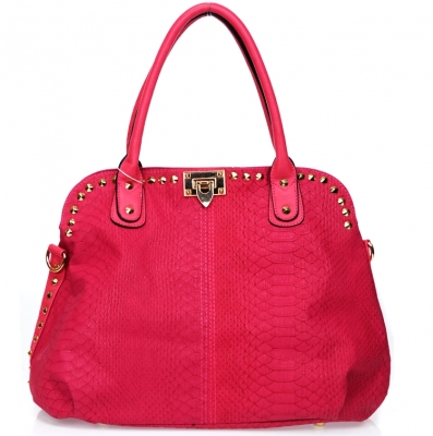 Designer Inspired Faux Leather Handbag w/ Snake Skin Pattern & Studs Decor